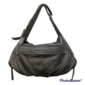 ADOLFO DOMINGUEZ Slouchy Satin Leather Shoulder Bag Grey Tassel Adjustable Strap